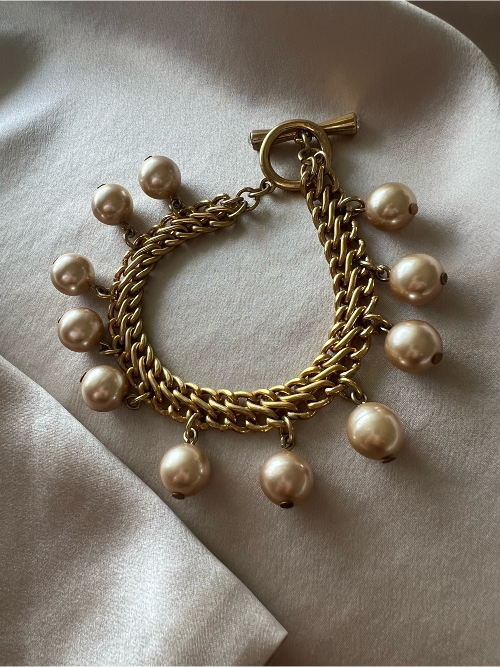 Vintage Gold Pearl Charm Chain Bracelet